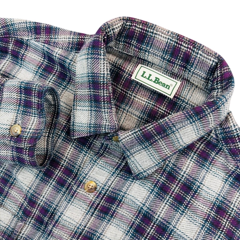 LL Bean Mens L Flannel Shirt Purple Teal Plaid Long Sleeve Outdoor VTG Read*